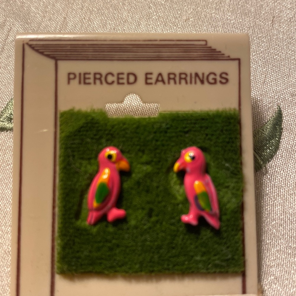 NEW Tiny Pink Parrot Earrings on post earring backs - from 1980